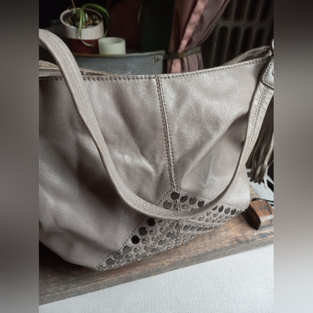 The Sak Studded Taupe Leather Shoulder Bag